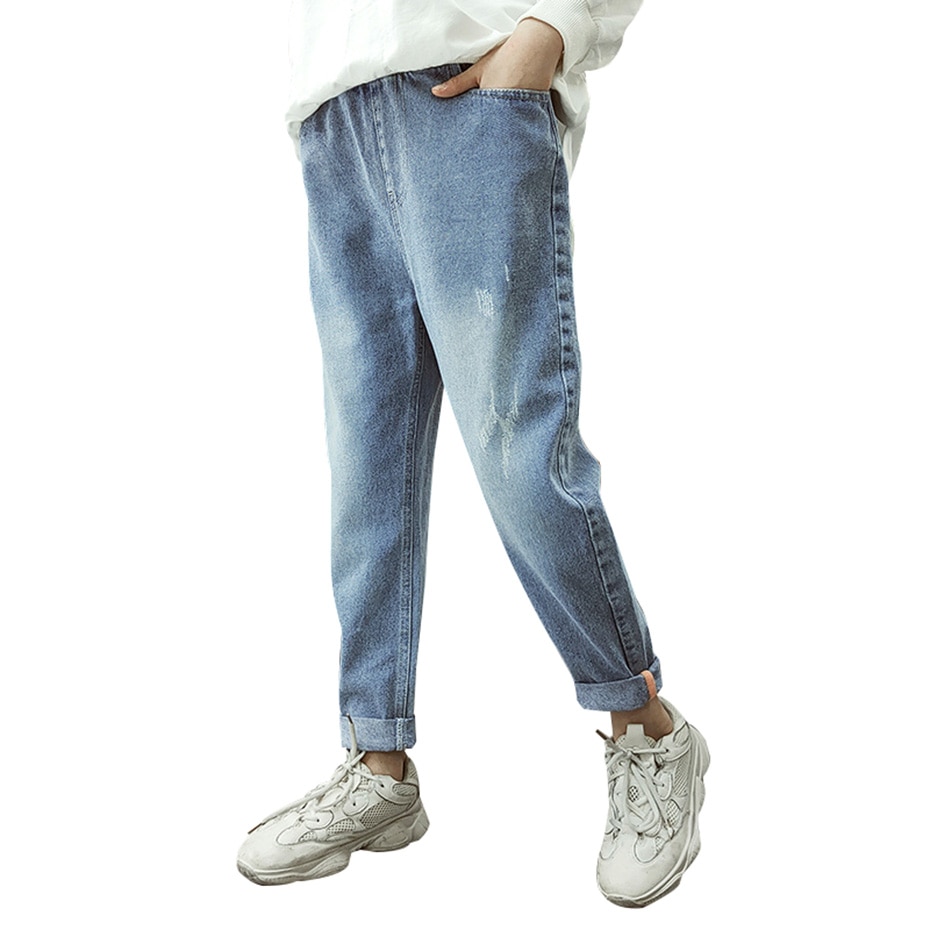 Spring Jeans For Girls Solid Hole Kids Jeans Girl Elastic Waist Children's Jeans Autumn Causal Jeans Clothes For Girls