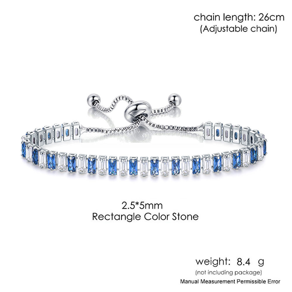 Pulseras de tenis ajustables para mujer, cadena de cristal de circonia brillante azul en la mano, pulsera con dijes para mujer, joyería de tendencia, para niña: Rodio plateado