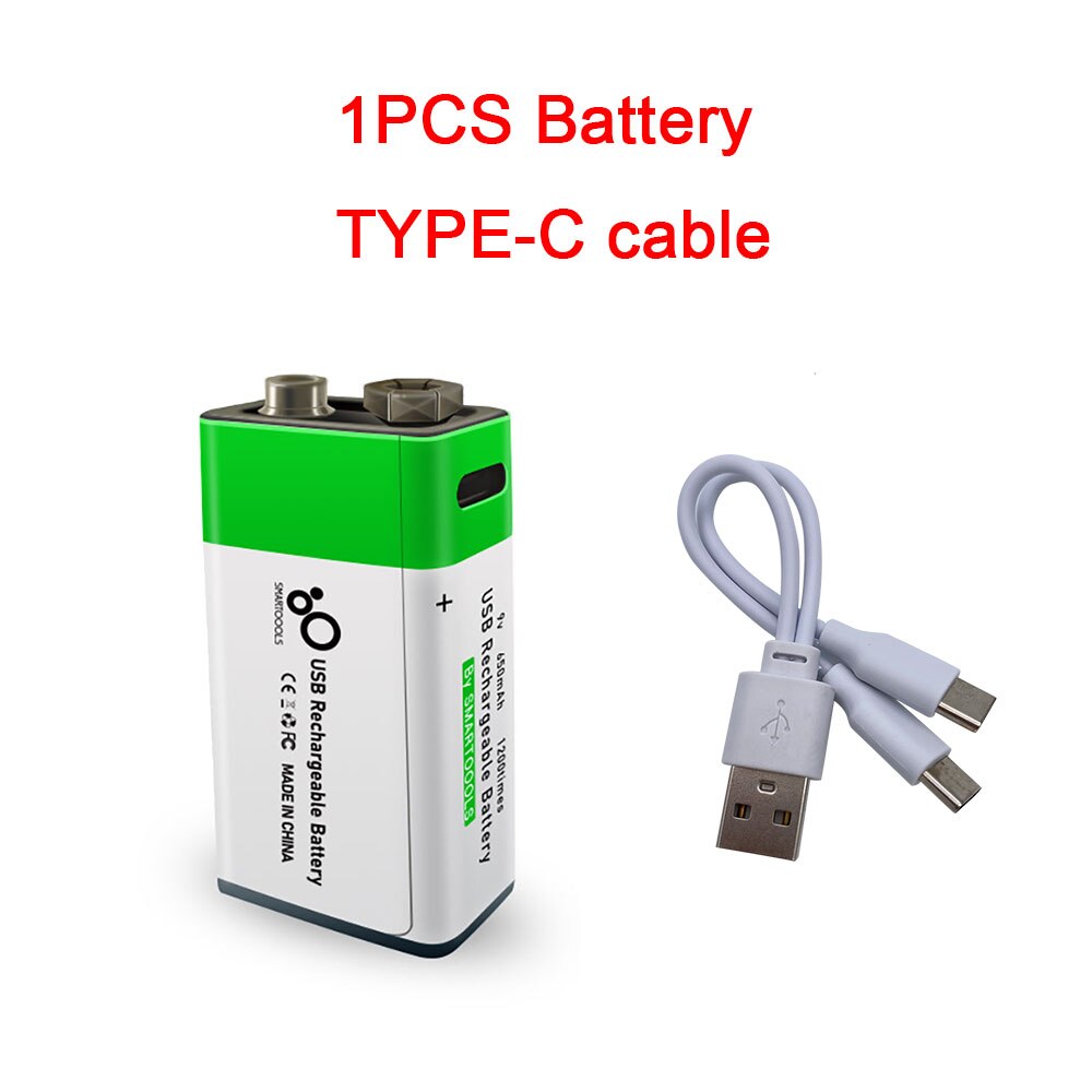 YouTu 9V USB Rechargeable Battery - Lithium-Ion, 650mAh, Eco Friendly, 1200 Uses, Type-C Charging, 1.5h Rapid Recharge, Li-Ion: 1 PCS battery  cable