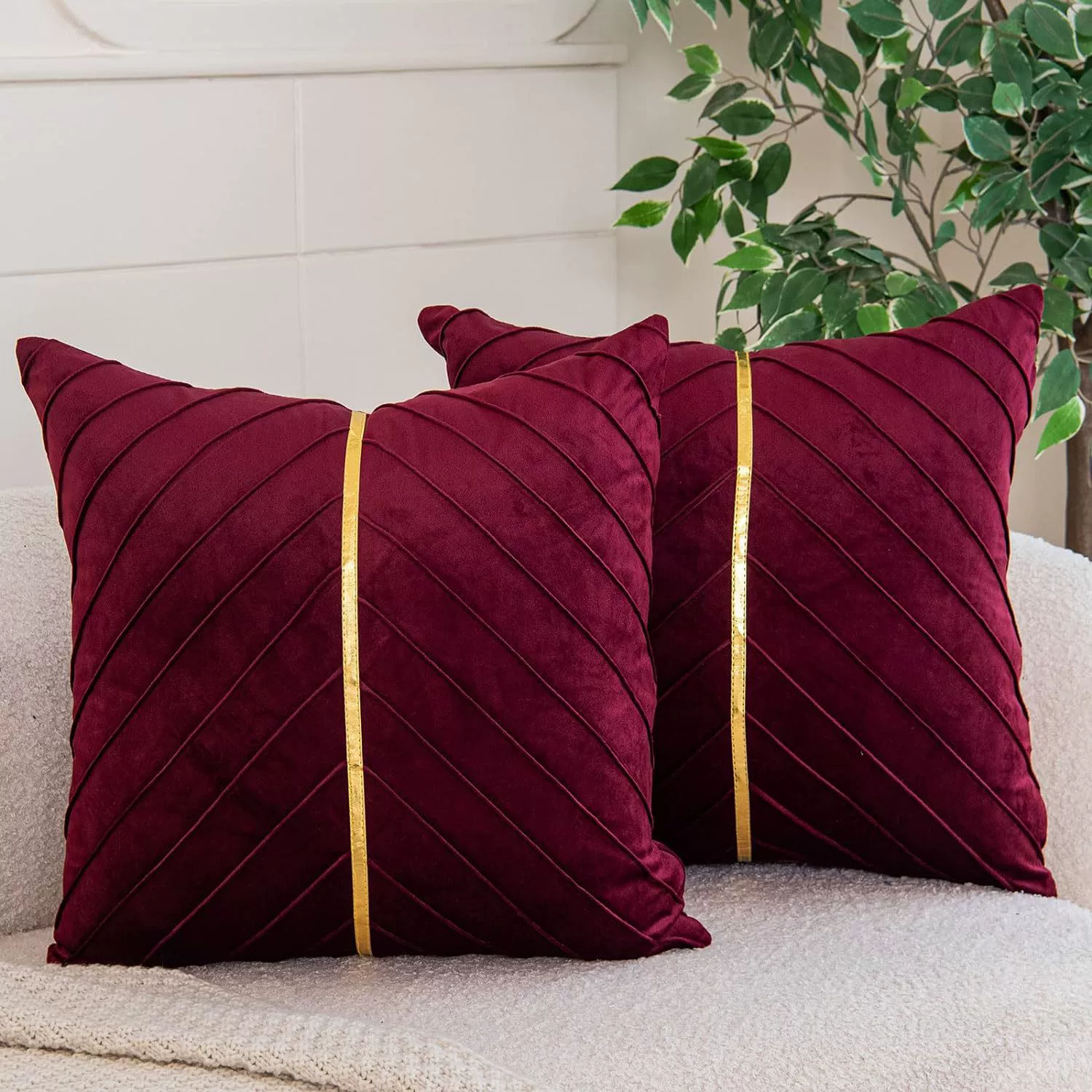 Samt-kissenbezüge,  of 2er- pack, inklusive goldfarbenem leder-weihnachtsdeko-kissenbezug, luxuriöser, moderner kissenbezug für sofas: 500*900mm / Burgund