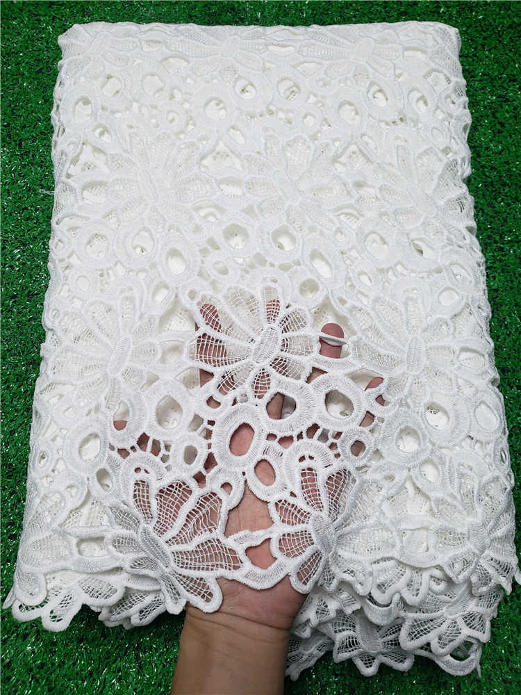 Tela de encaje de guipur de grado clásico para vestido de boda, tejido suave bordado, cordón africano, color blanco puro, amigable con la piel, última NN957-k: Pure white