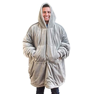 Fleece tæppe med ærmer udendørs hætte lommetæpper varm blød hættetrøje skrå morgenkåbe badekåbe sweatshirt pullover: Grå