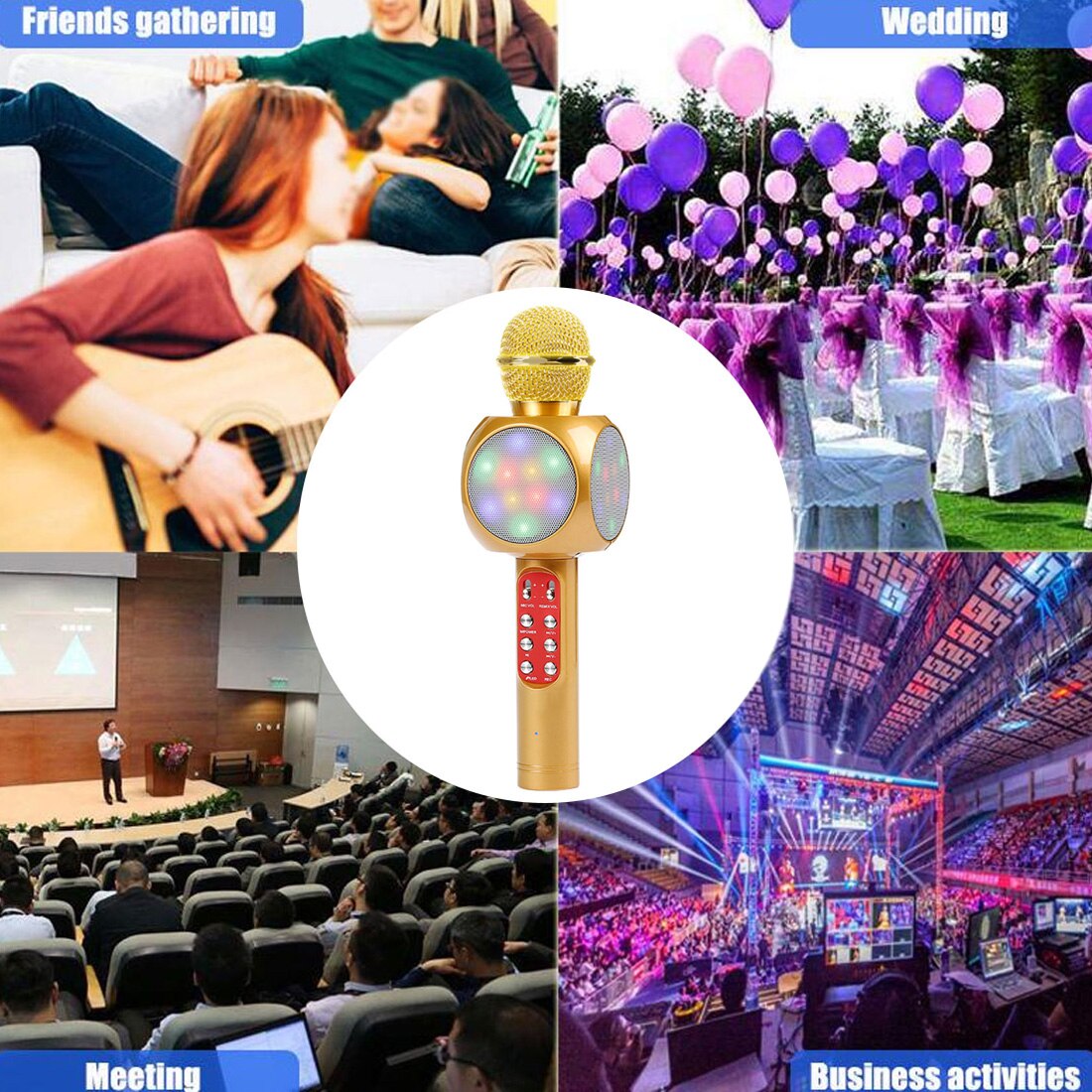 Bluetooth Wireless Microphone with LED light Karaoke Microphone Handheld FM Mic Broadcast Mic For Music Singing Speaker Player