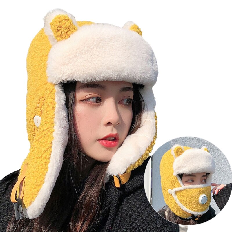 Women Cartoon Ears Winter Trooper Trapper Hat with Face Mask Fleece Earflap Cap M89E
