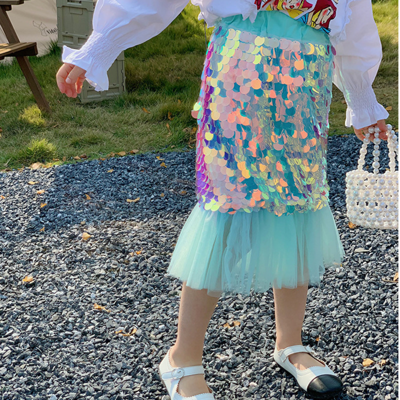 Gonna a coda di pesce con paillettes per ragazze 2-7Y moda per bambini New Spring Mermaid Princess Skirt Patchwork Mesh tromba gonne longuette
