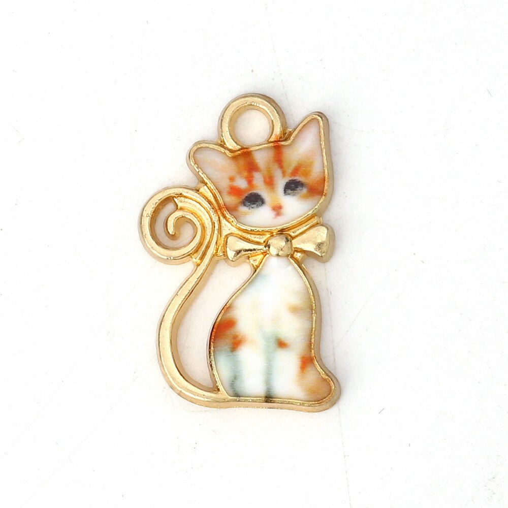 DoreenBeads Zinc Based Alloy Charms Pendant Cat Animal Gold Orange Black White Colorful Enamel 21mm( 7/8&quot;) x 13mm( 4/8&quot;), 10 PCs