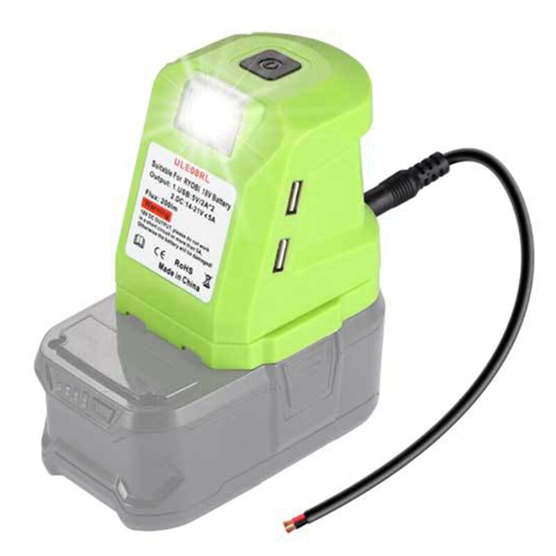 Battery Adapter For Ryobi 18V Li-Ion Battery, DC Port &amp; LED Work Light &amp; Dual USB Charger