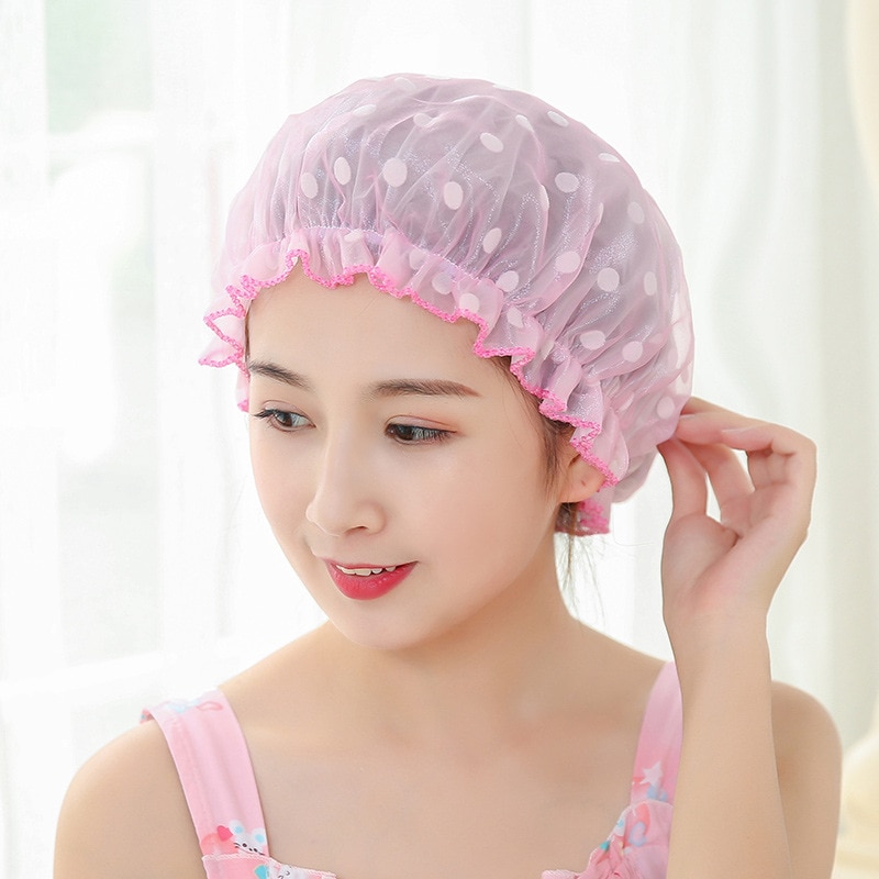 1 PC South Korean and lovely bath cap Adult woman double wave point shower cap Waterproof bath shower cap hat