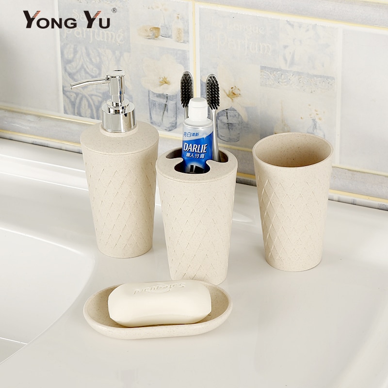 Juego de soporte para cepillo de dientes de paja de trigo Set de accesorios de baño, vaso, jabonera, dispensador de jabón, 4 unidades