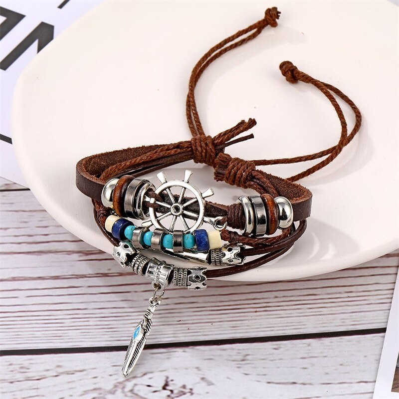 IFMIA Boho Adjustable Rope Bead Multilayer Leather Bracelet Set for Women Male Charms Feather Leaf Bracelet Bangles Jewelry