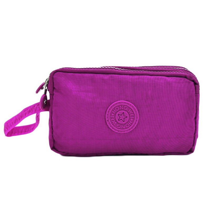 Nueva cartera de lona para mujer, bolso de teléfono móvil informal de Color sólido, bolsa de mano Horizontal con cremallera de tres capas, billeteras estándar para mujer: Púrpura