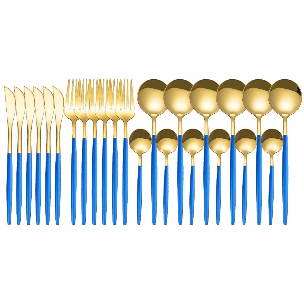 24Stck Edelstahl Geschirr setzt Glänzend Silber Gold Besteck setzt Messer Gabel Kaffee Löffel Besteck einstellen Spülmaschine Geschirr: Blau Gold