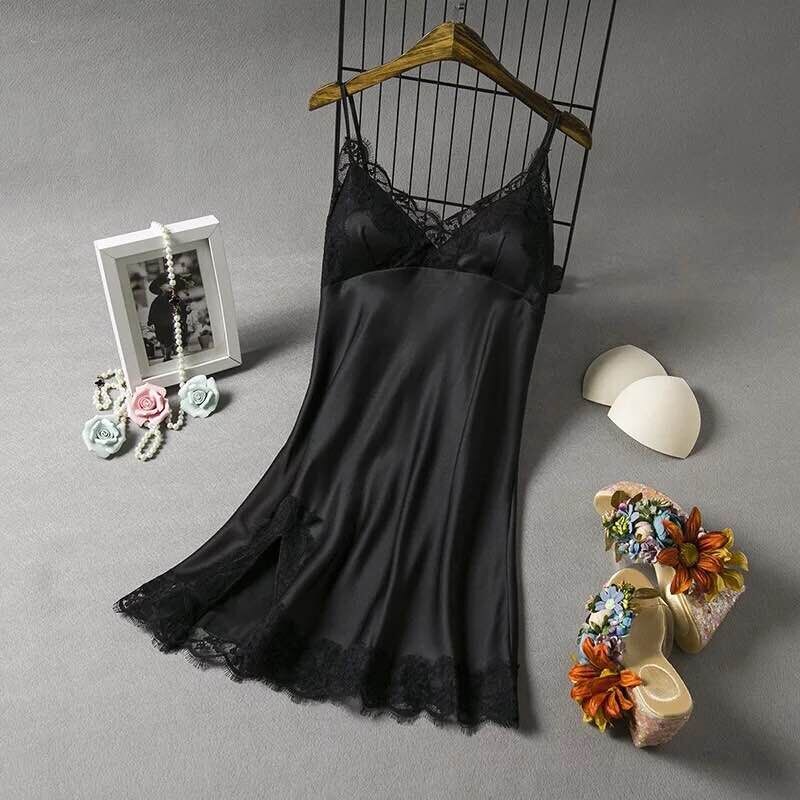 Sexy Lingerie Women Silk Lace Robe Babydoll Nightdress Nightgown Sleepwear Dress 3FS: Black / M