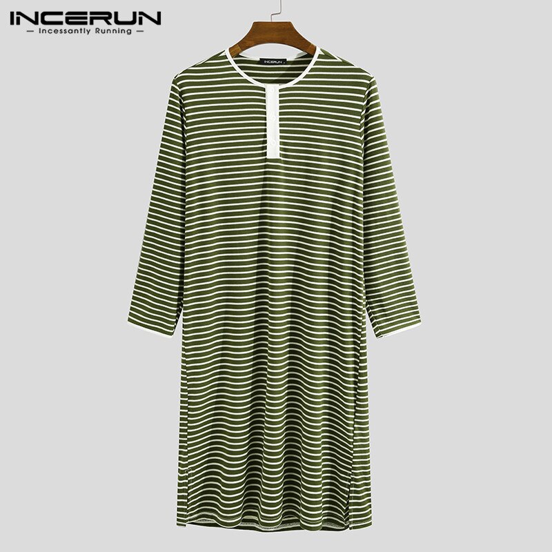 INCERUN Striped Men Sleep Tops Long Sleeve Breathable Casual O Neck Comfortable Dressing Gown Loose Sleepwear Mens Homewear