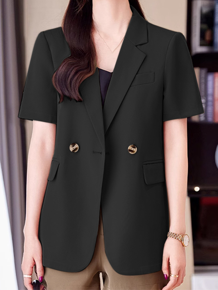 Zanzea dame sommerblazer ensfarvet arbejdsskjorte med revershals og korte ærmer, blazer med jakkesæt, afslappet bluse med knapper: S / Sort