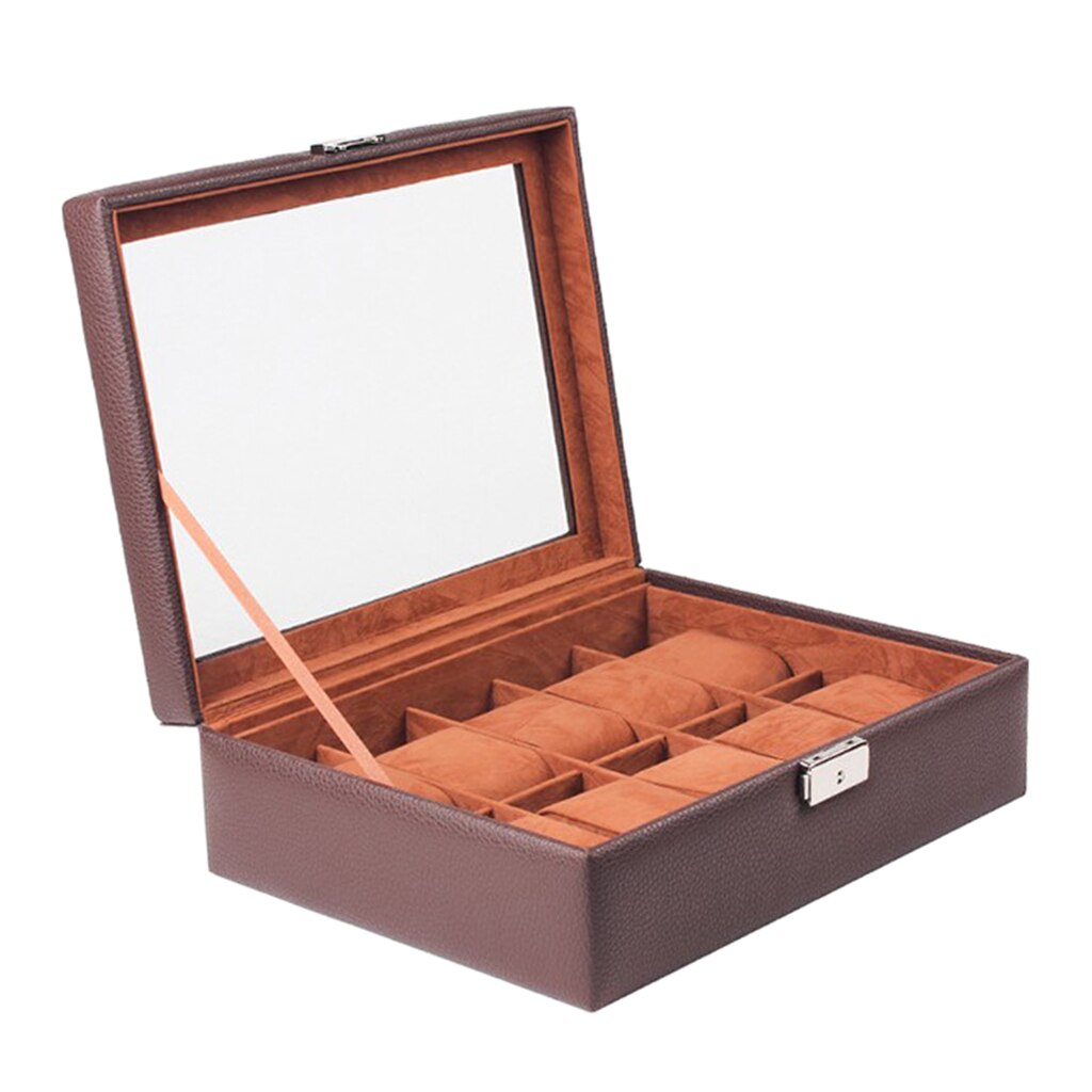 Luxury Brown Leather Watch Display Container 10 Slot Wristwatch Storage Showcase Watch Case