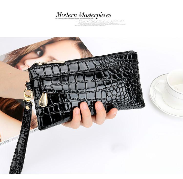 Couro de patente carteiras femininas fallow longo senhoras duplo zíper carteira bolsa de embreagem design vermelho bolsas de crocodilo: Black