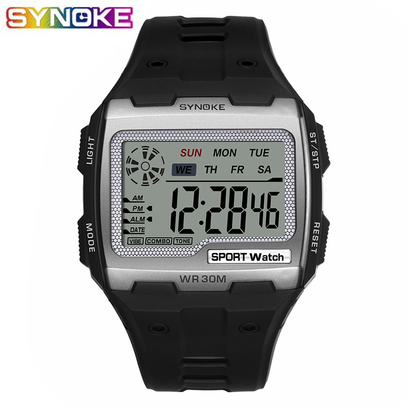 Synoke Outdoor Sport Mannen Digitale Horloges Leven Waterdichte Zwarte Mannen Horloge Grote Dial Alarm Datum Klok Erkek Kol Saati