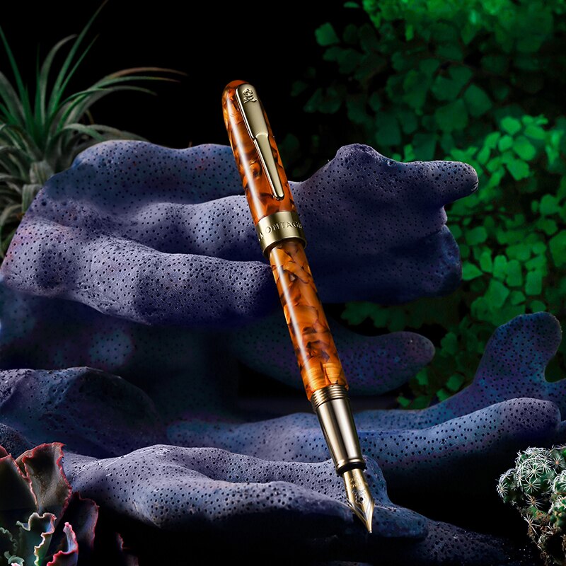 Montagut celluloid mini fyllepenn fargerik lommestørrelse gylden klips iridium finne nib 0.5mm skrivepenn: Gul-lønn / Med pennepose og boks
