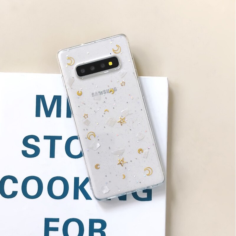 YHBBCASES Für Samsung Galaxy S8 S9 S10 Plus Bling Gold Sterne Mond Klar Weichen Fällen Für Samsung Note 10 8 9 Glitter Pulver Abdeckung