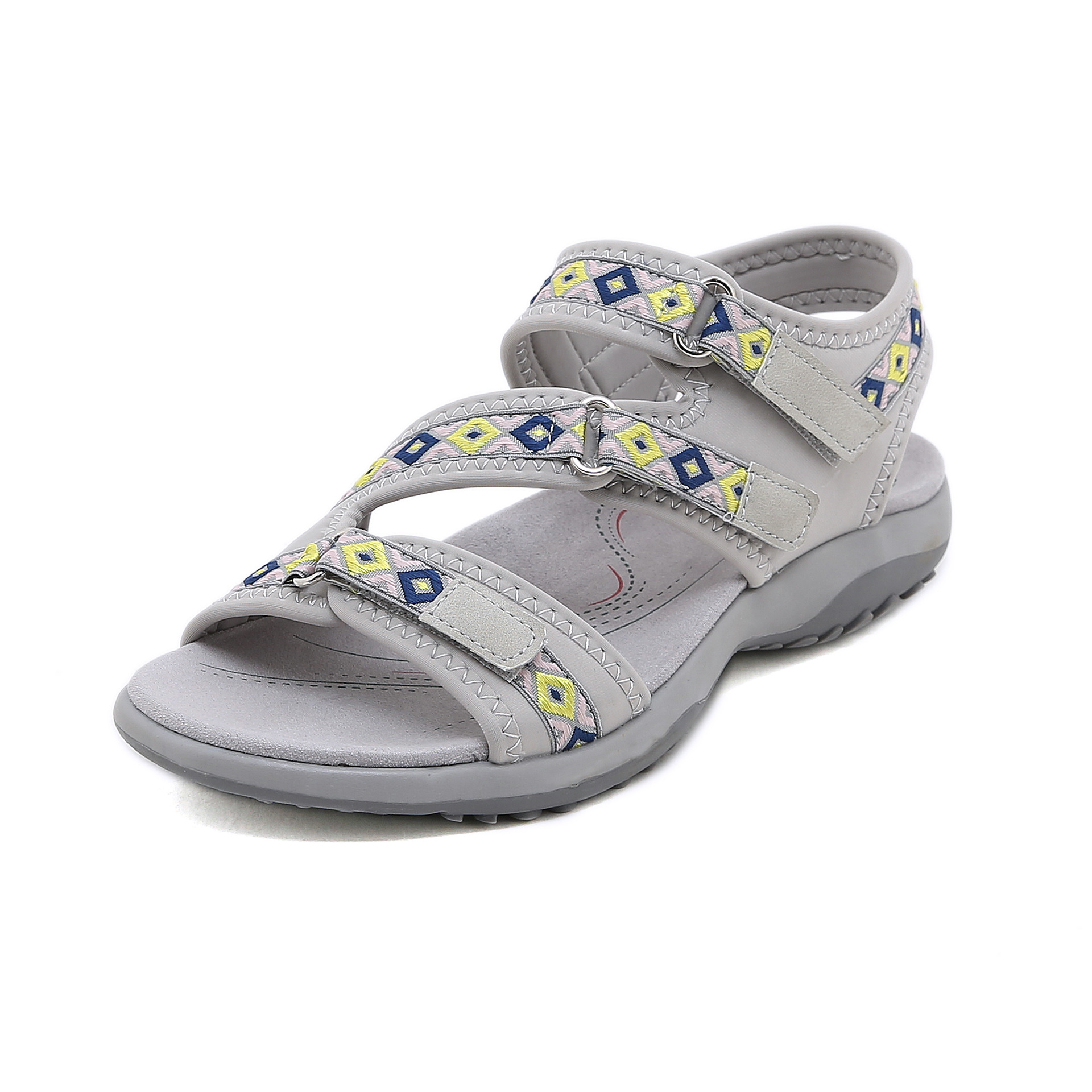 Sandálias de praia boémia antiderrapante de PU para mulheres, sapatos romanos de dedo aberto oco, salto plano para senhoras, impressão macia, casual, verão, 2022: CINZA / 37