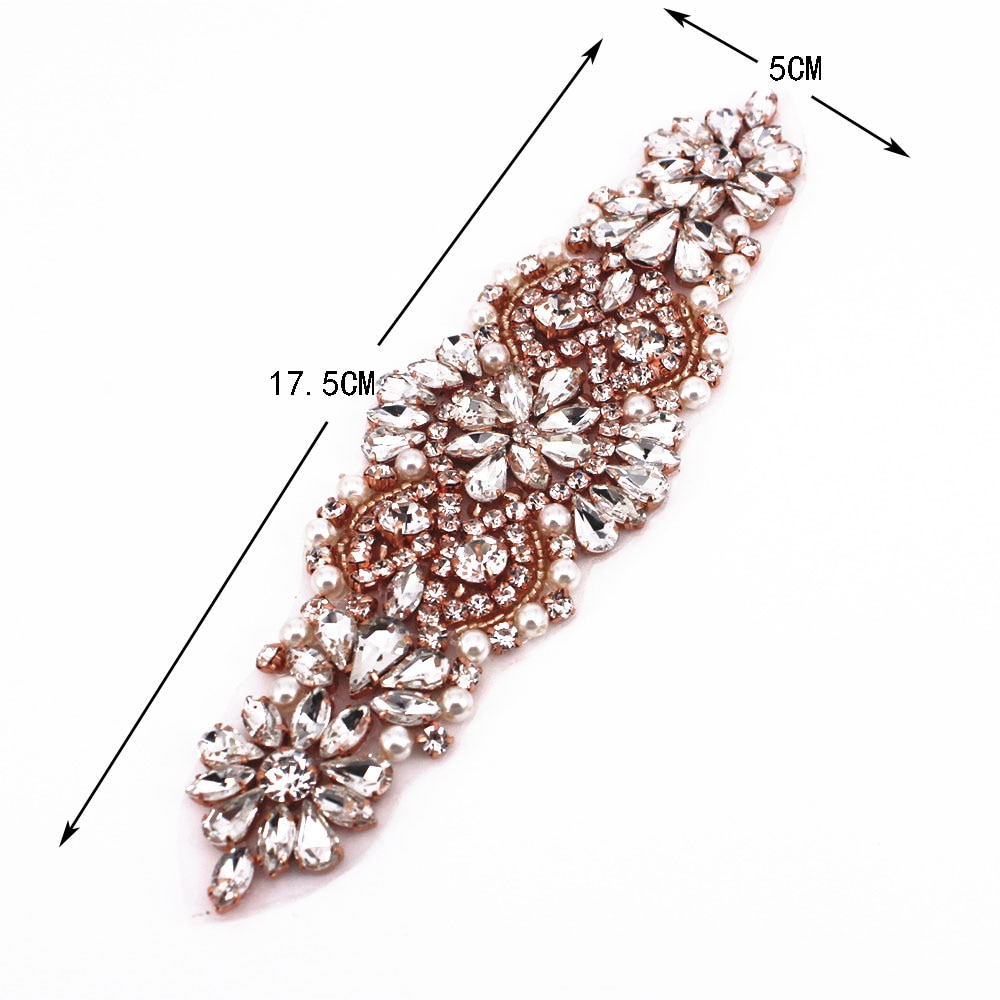 Handgemaakte roségouden trouwjurk met strass-applicatie, strijk op bruidsjurk met kralen en kristalapplicatie voor jurken en kleding
