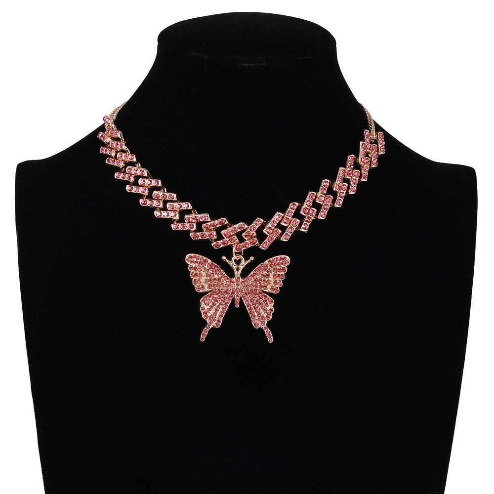 Collar de mariposa grande para mujer, cadena de eslabones cubanos de diamantes de imitación, Gargantilla con estilo, joyería Y2k de lujo