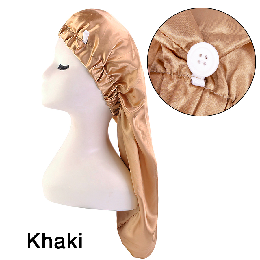 Sateng hette stor sovehette med knapp langt hår for fletter satenghette for kvinner silke natthette elastisk bånd for å sove: Khaki