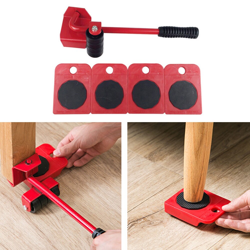 5pcs 360 Degree Furniture Mover Tools Transport Lifter Heavy Stuffs Moving 4 Wheeled Roller Universal Pulley with 1 Bar