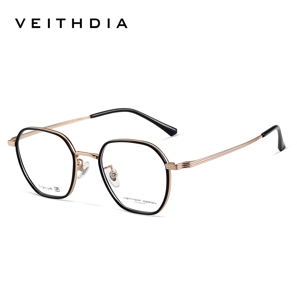 Veithdia-briller optiske titanbriller med +tr90 innfatninger, tilpassbare styrkeglass, menn og kvinner, nærsynthet, databriller med  v5037 innfatninger: Gull