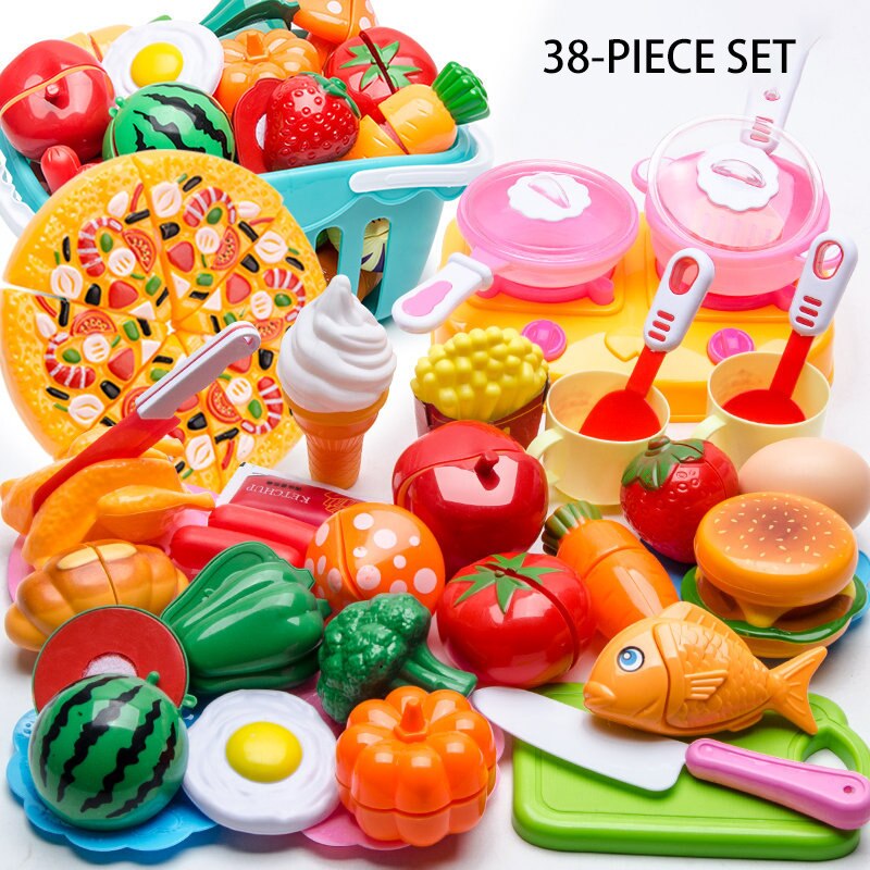 Kit de cocina de plástico para niños, juego de simulación de frutas y verduras, juguete educativo para cortar, de cumpleaños, 150 piezas: 38-piece set