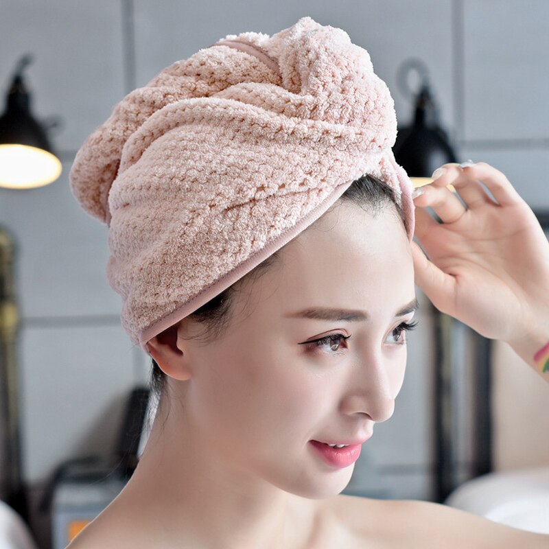 Toalla de microfibra para el cabello, secado de cabello, gorra de secado rápido, toalla de cabeza giratoria con botón xr: Rosa