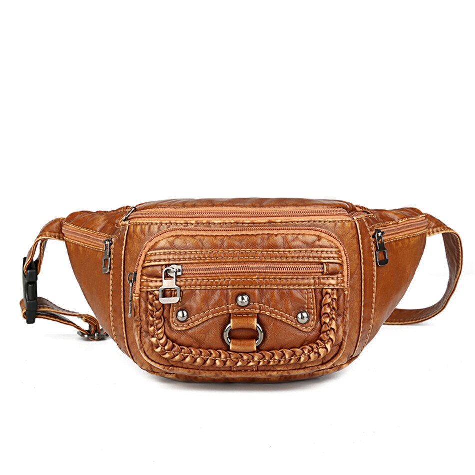 Pochete feminina de couro pu, bolsa de cintura com rebites, com bolsos, feminina, de marca: Brown