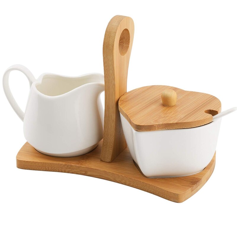 Sugar Bowl and Creamer Set with Lid & Spoon Ceramic Cream Jug and Sugar Bowl with Wood Handle Coffee Serving Set