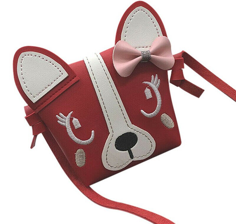 Barn pige sød hund sløjfe læder håndtaske crossbody messenger skuldertaske pung: Rød