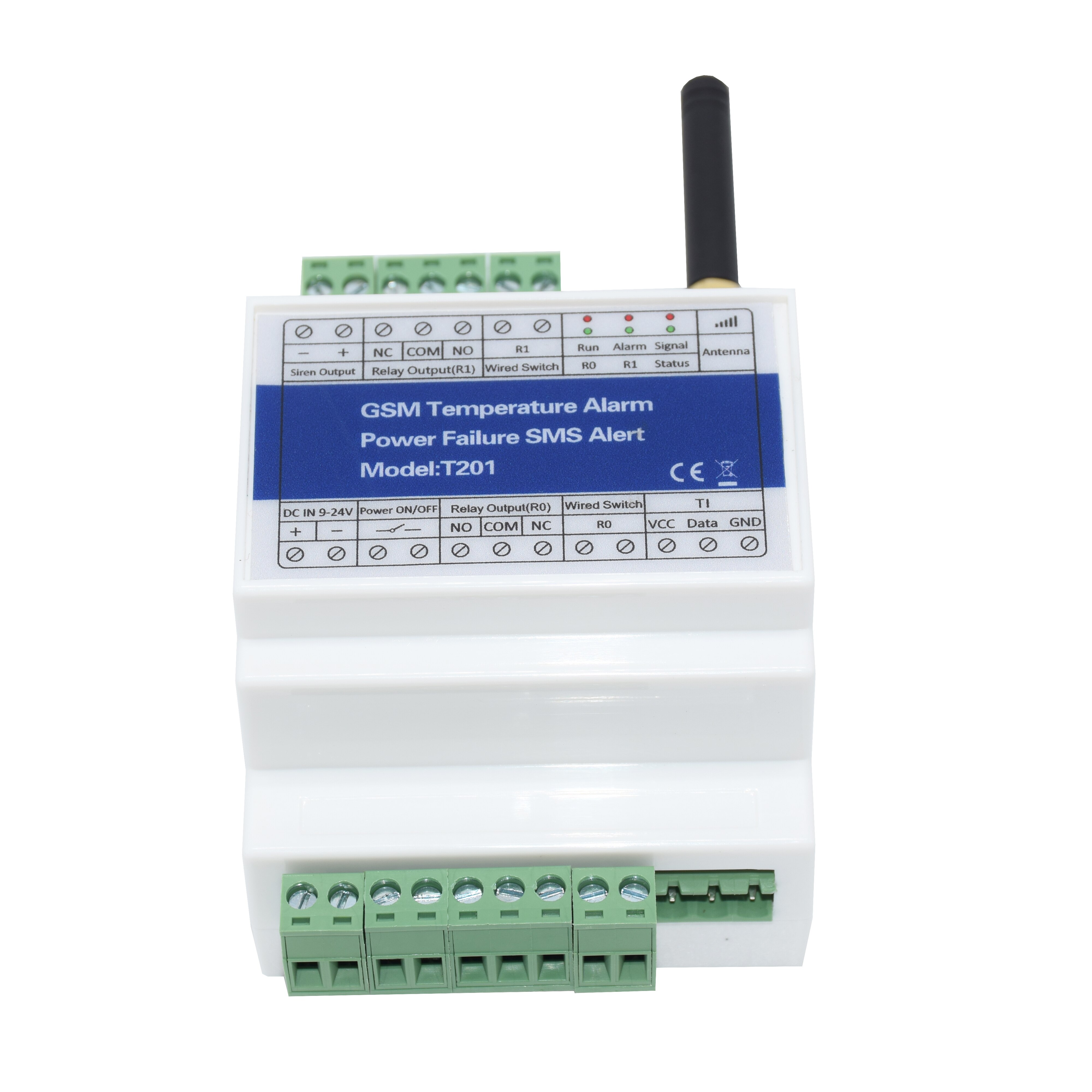 Din-rail gsm sms fjernbetjening temperatur status monitor alarm med 2 relæ udgange