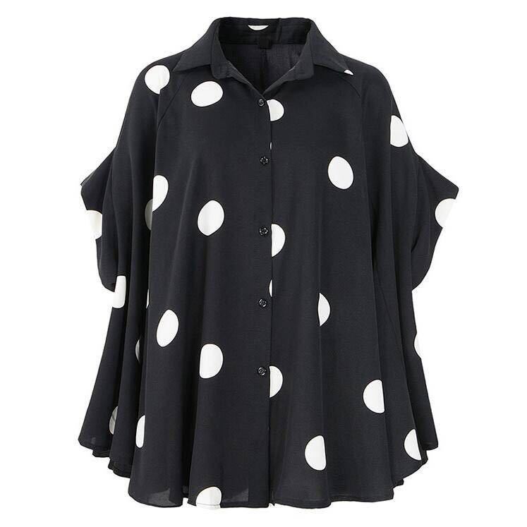 Camisa de gasa de lunares con manga de murciélago para mujer, camisa blanca de longitud media, novedad, verano, estación europea: Black / XL