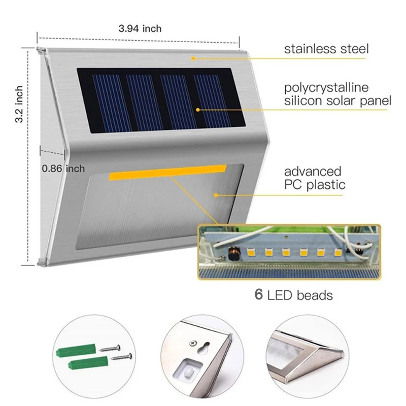 Luzes de cerca ao ar livre 6led movido a energia solar deck luzes à prova dwaterproof água lâmpadas parede segurança aço inoxidável para passo passarela pátio jardim