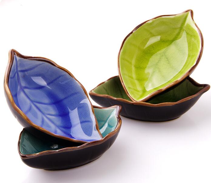 Plat Mini assiette en céramique glace fissure | Feuilles d'arbre ou Sauce de poisson, plat glacé 10x8cm (2 pièces): Leaves