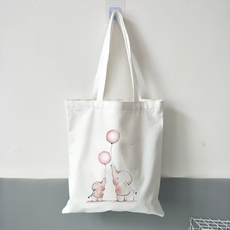 Kawaii söt elefant ballongtryck college canvas axelväska tecknat tryck stor kapacitet vita väskor tryckta väskor: B0970- msk-m