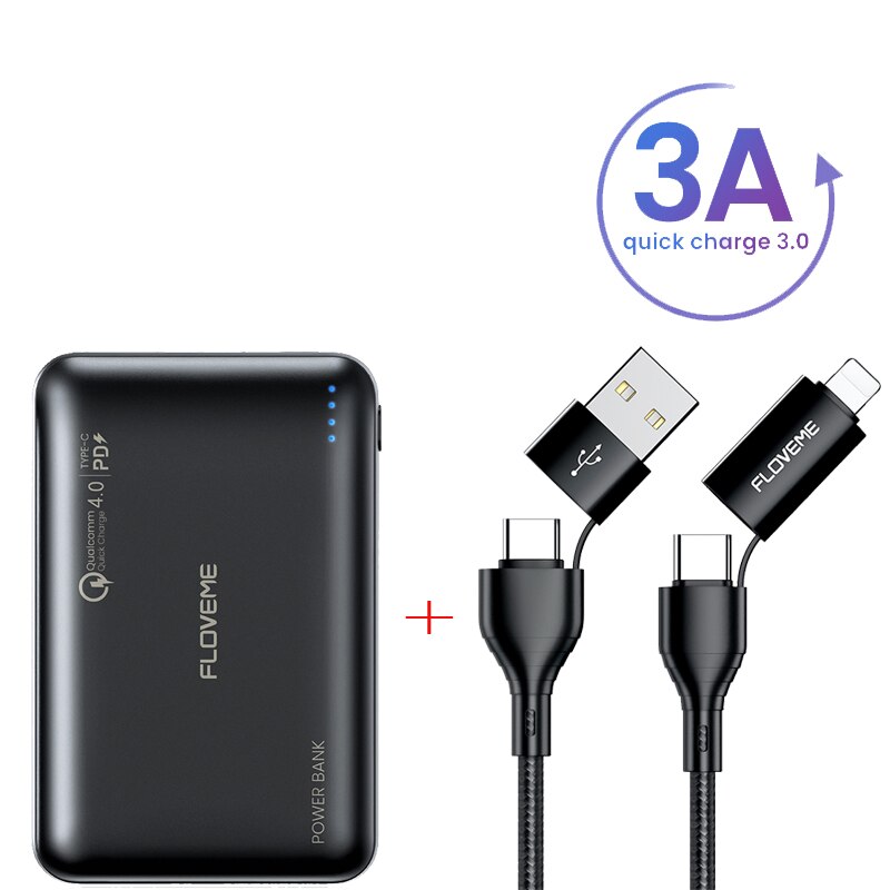 Floveme Mini Power Bank 10000Mah Voor Xiaomi QC4.0 Poverbank 10000 Snel Opladen PD3.0 Voor IPhone12 Draagbare Opladen Powerbank: PowerBank and cable