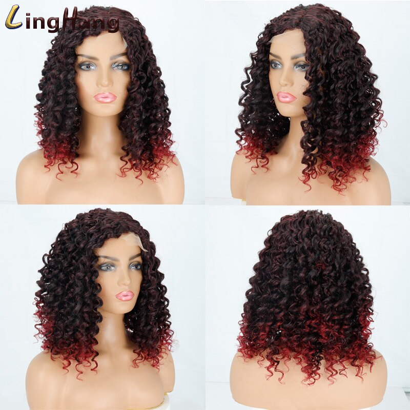 Linghang 14Inches Afro Kinky Krullend Pruik Synthetische Korte Pruik Gemengde Blonde Lace Pruik Voor Zwarte Vrouwen Daily Pruik: 1B/30HL