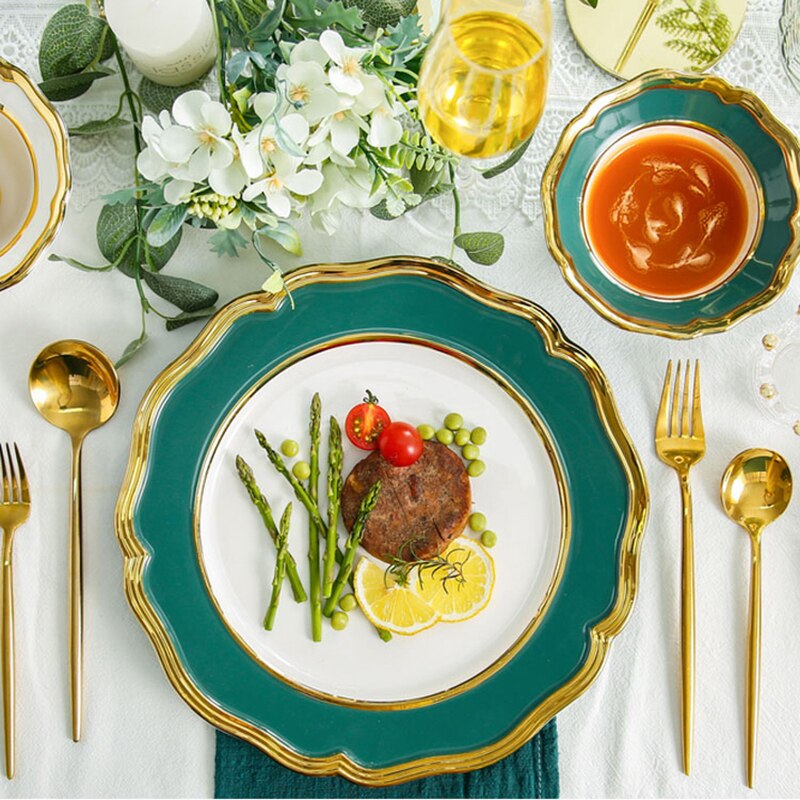 Ceramic Dinner Plate Luxury Gold Inlay Charger Plate Flower Shape Plate Dishes and Bowl Dinnerware Set for Wedding Party Banquet