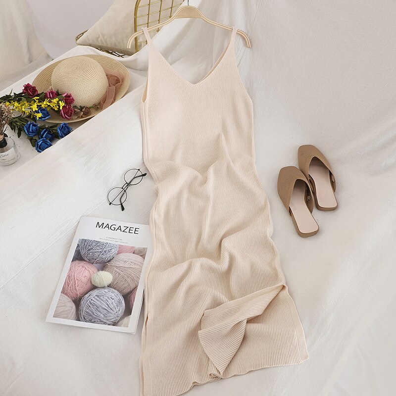 Robe élégante en tricot pour femme, tenue de soirée, couleur unie, col en v, fendue, sans manches, à la