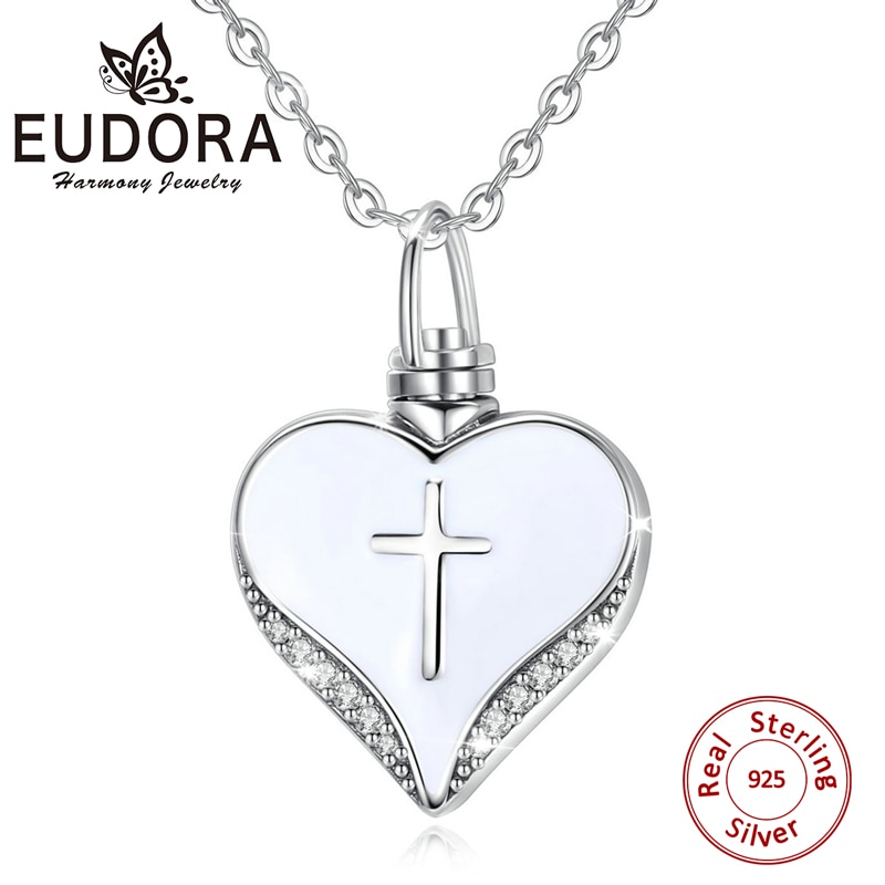 1pc Sterling Silver Heart Cremation Urn Necklace Ash Jewelry Memorial Keepsake Cross Pendant Forever in my heart CZ Necklaces G1