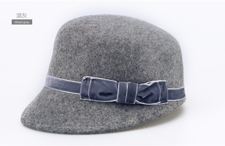 British Winter Hat Female British Style Wool Hat Lady Wool Cap Black Wool Hat Curling Brim B-7488: Gray