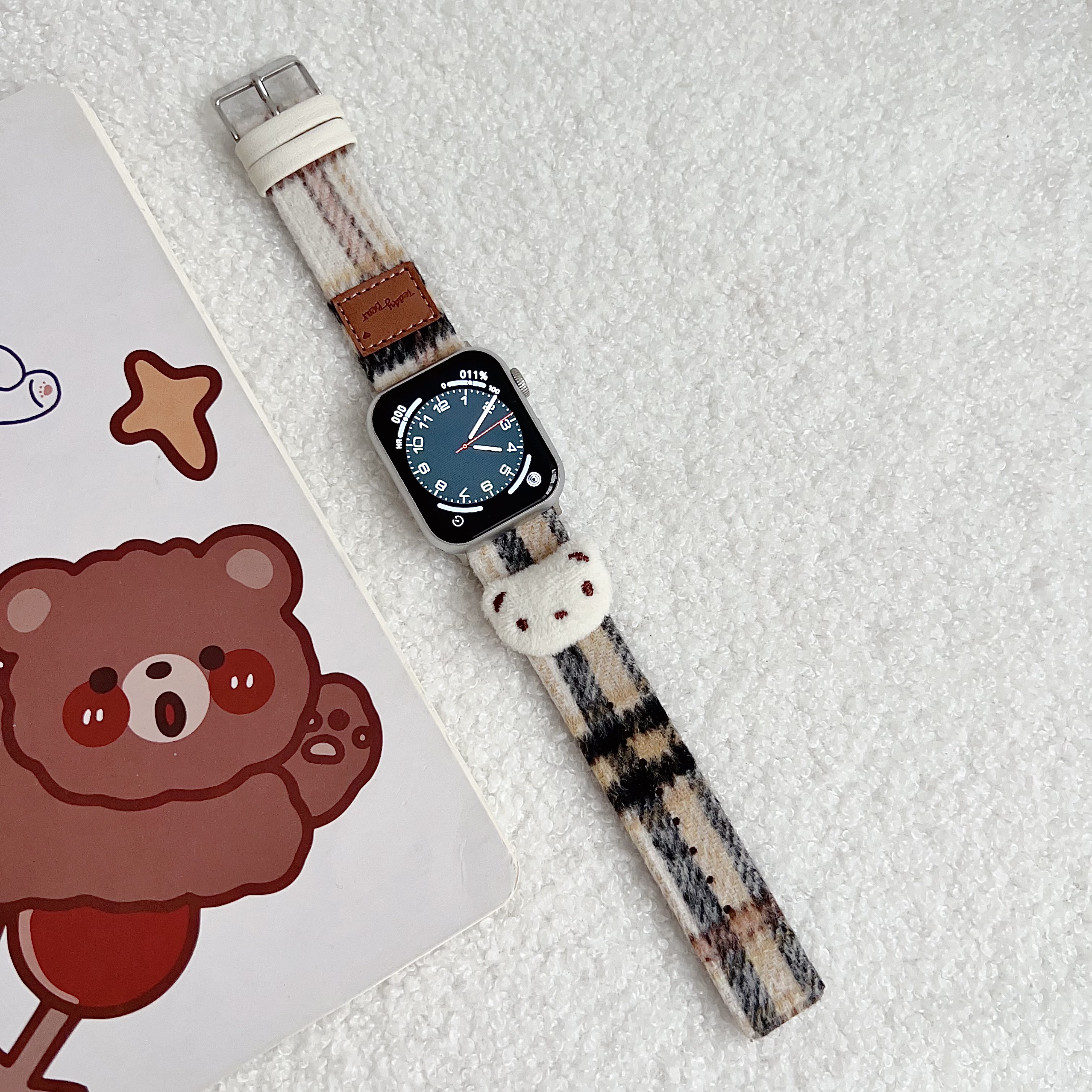 Leren band voor Apple Watch Band Meisjes Schattige beer Armbandketting met Iwatch9876SE Ultra40 41 44 45 mm Dames Pluche Doek Pols: S / Black Yellow