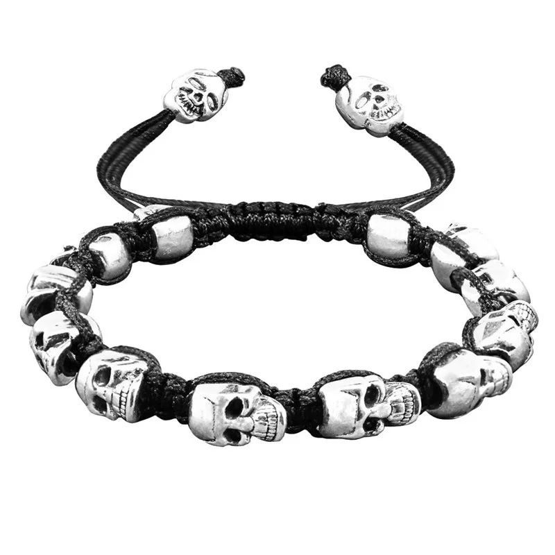 Sorriso Crânio Esqueleto Pulseiras Talão Vertente Boho Vintage Antique Banhado A Prata Handmade Woven Rope Artesanato Bijuterias: Black 1