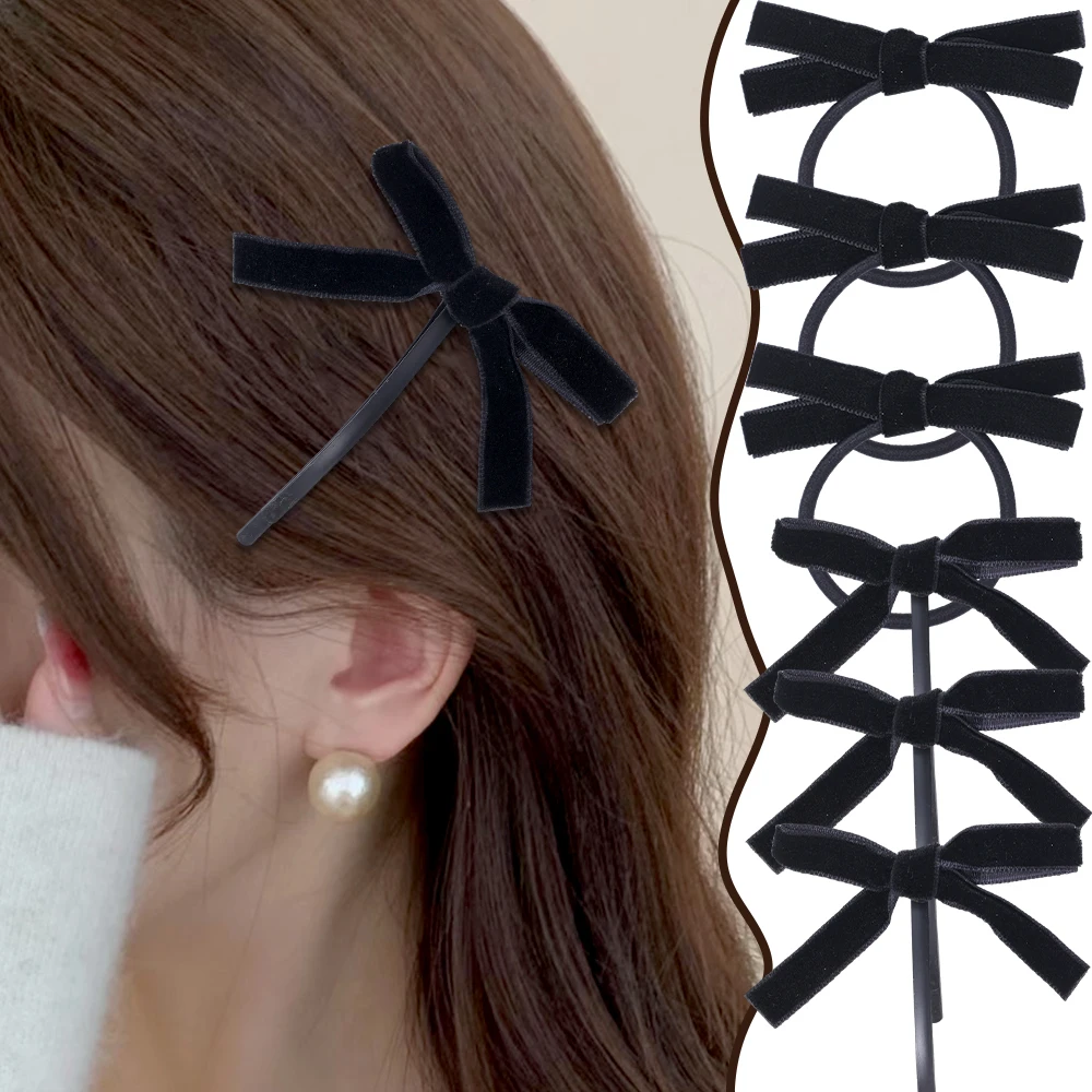 Pinza para el pelo con lazo pequeño de terciopelo negro Vintage para mujeres y niñas, Cinta Larga para boda, horquillas coreanas, pasador, accesorios para el cabello, 1/2 piezas