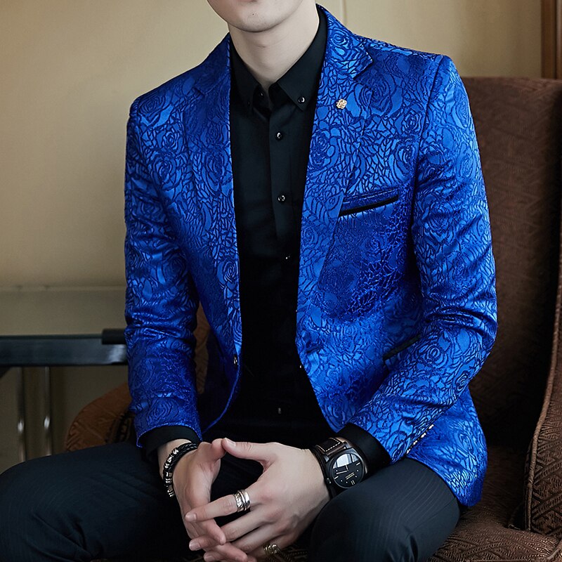 Traje pequeño bordado con patrón oscuro para hombre, traje de primavera y otoño, tendencia de Edición coreana, única occidental, combina con todo,: Azul / M